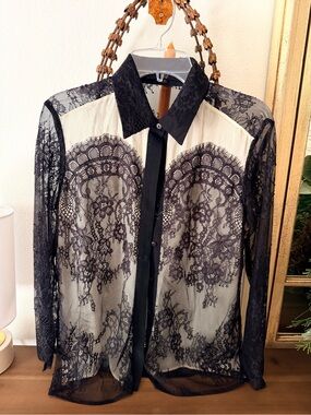 TIBI Sheer Black Lace Overlay Women’s Shirt
